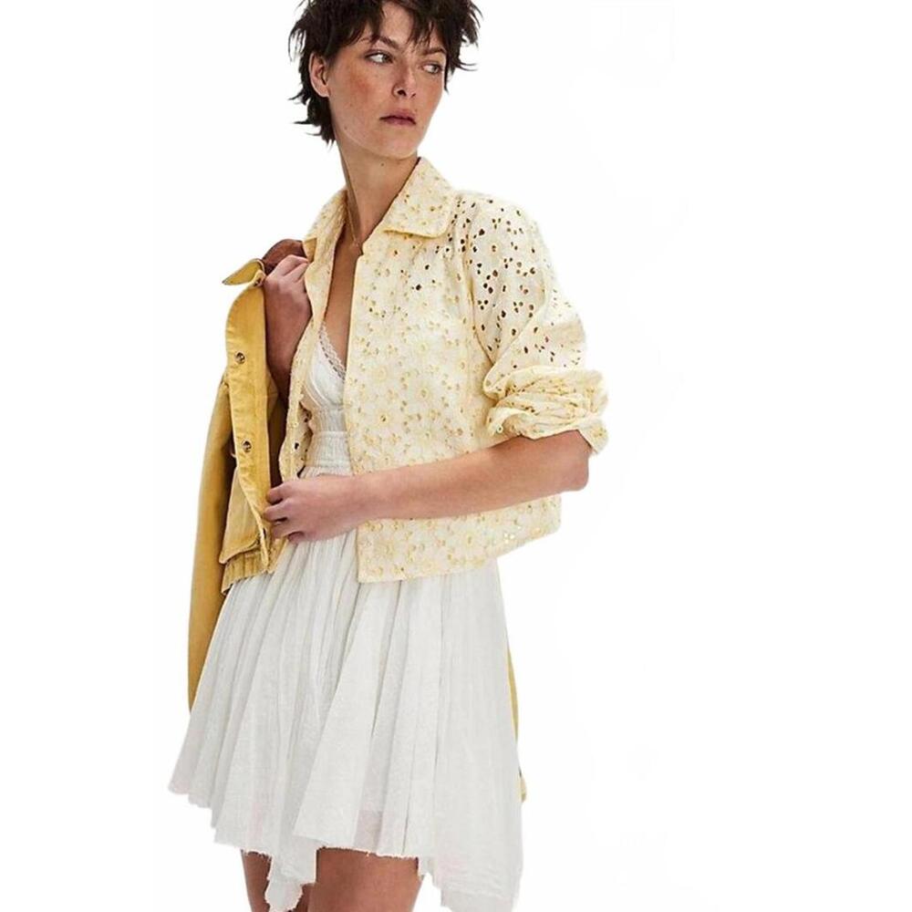 Free People Dream a Little Dream White & Yellow Eyelet Top  SIZE XS #455